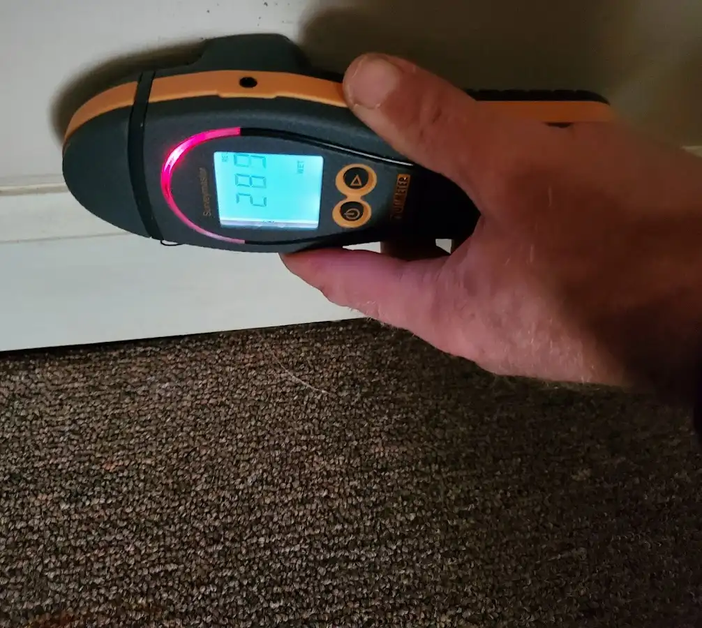 Moisture detection at baseboard during Storm Damage Restoration in O'Fallon
